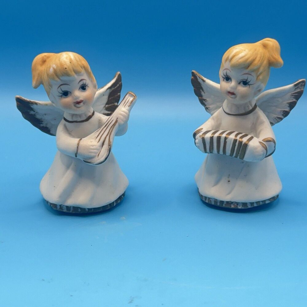 Vintage Made in Taiwan Angel Figurines Musical Cherubs Set of 2 Ceramic